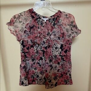 Lucky Brand Pink and Black Floral Ruffle Blouse